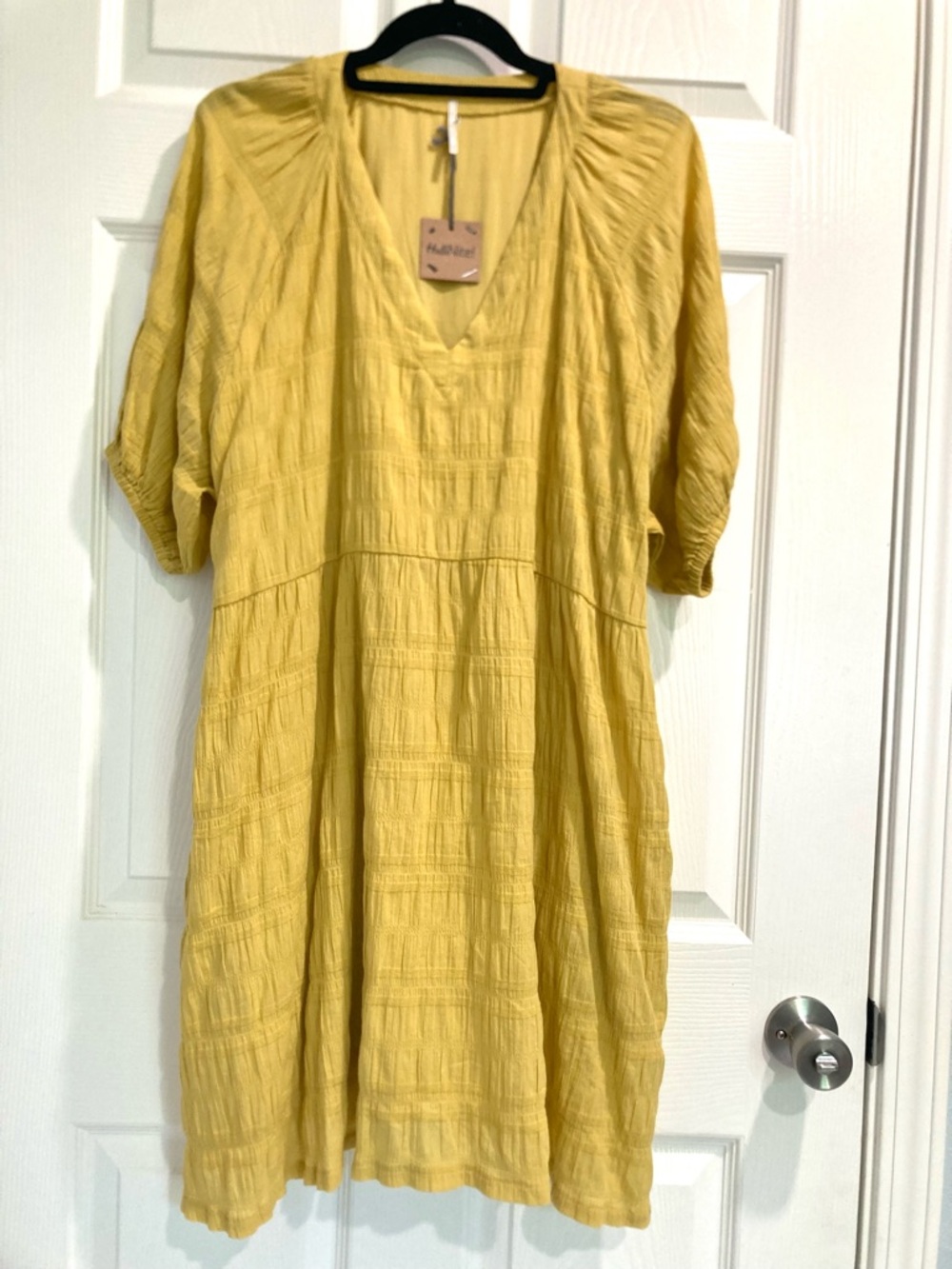 NWT Hello Nite Los Angeles Mustard Textured Babydoll Raglan Dress Boho Small